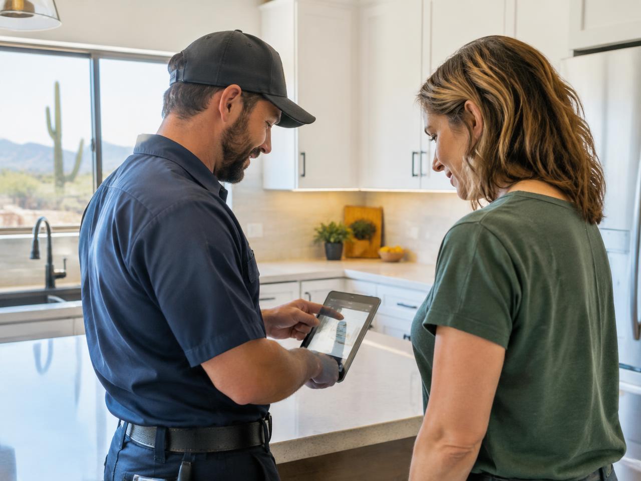JMAC technician explaining an HVAC issue to a Mesa homeowner