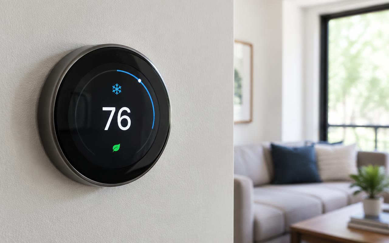 Close-up of a new thermostat installed in a Mesa AZ home
